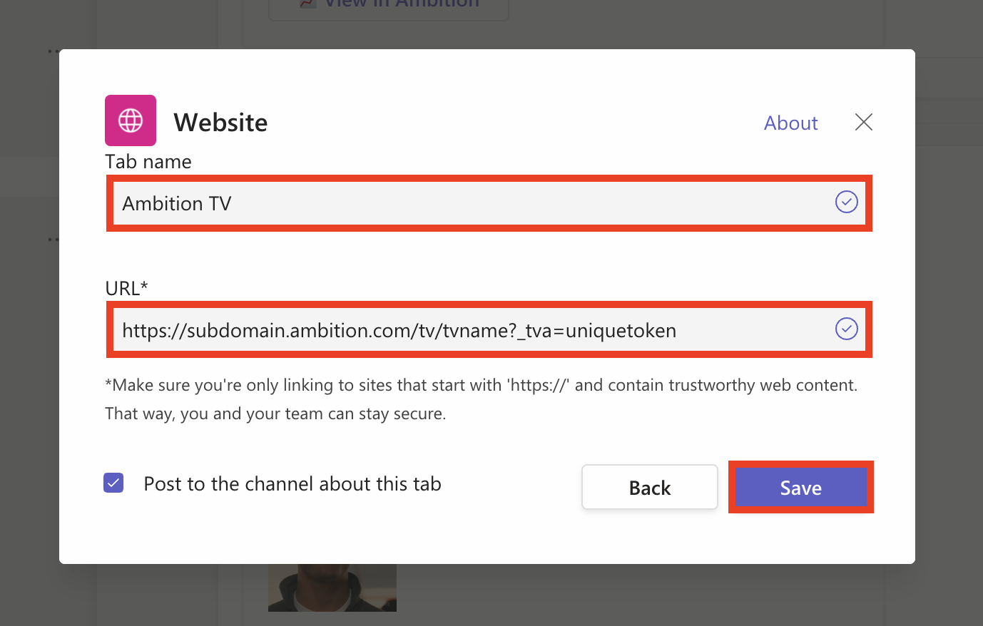 How do I use Microsoft Team's Website Tab to display an Ambition TV